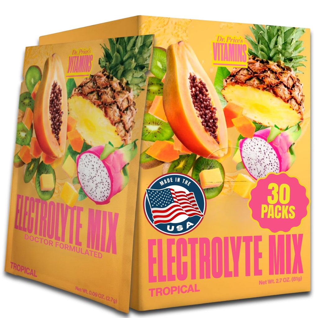 Dr. Price je Electrolyte Mix 124; Sugar- Free Hydration Powder with 72 + Trace Minerály 124; No Cukr, Fast- Disolving Electrolytes Powder Packets 124; Tropické (30 Packs)