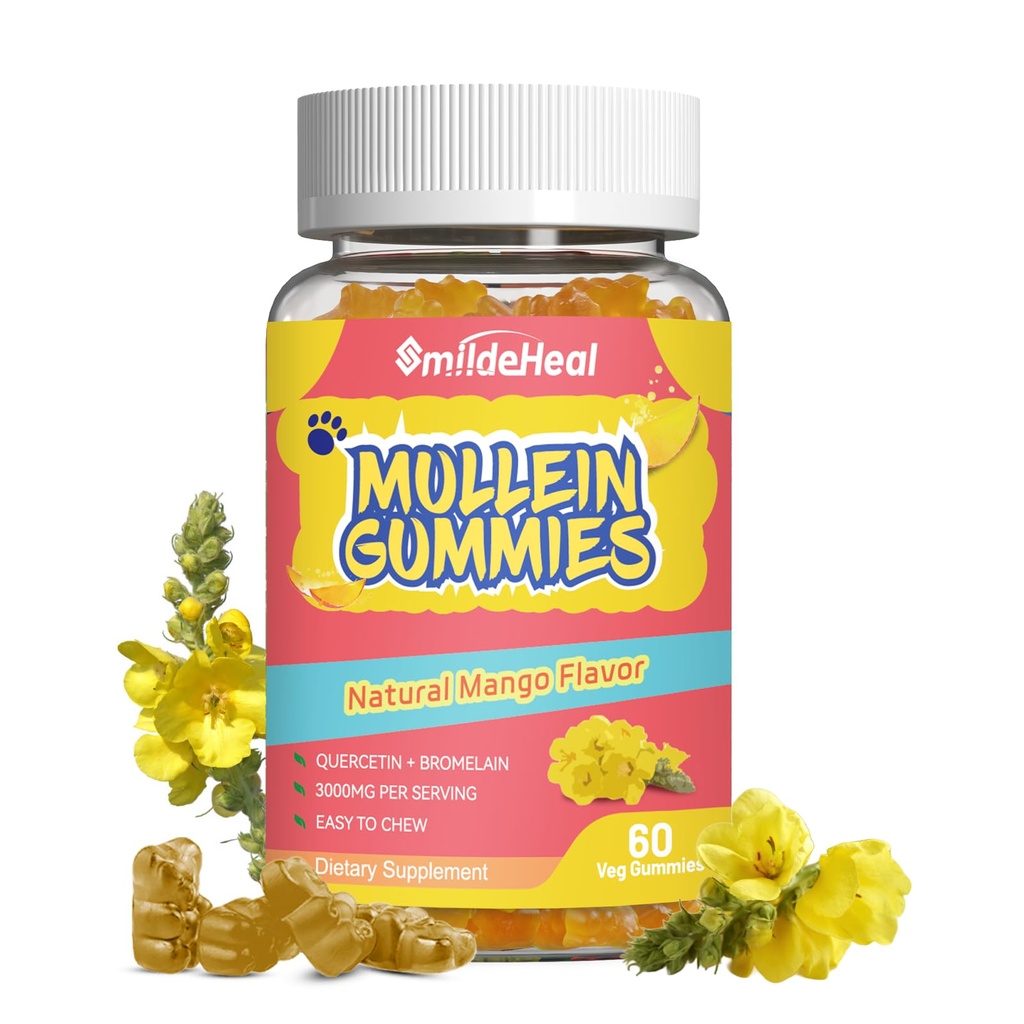 Mullein Gummies 3000MG, Sugar Free Mullein Gummies with Bromelain & Quercetin, Mullein Leaf Extract Supplementary for Lungs, Vegan, 60 Count
