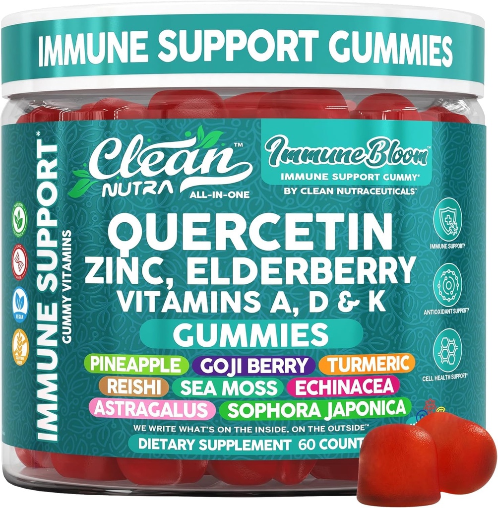 Clean Quercetin Elderberry Imunity Support Gummies PHAR124; Zinek Vitamin K2 D3 A Bromelain Goji Berry Turmeric Moss Echinacea Astragalus Selenium Olive Leaf Imunity Dodatek Gummy Vitamíny