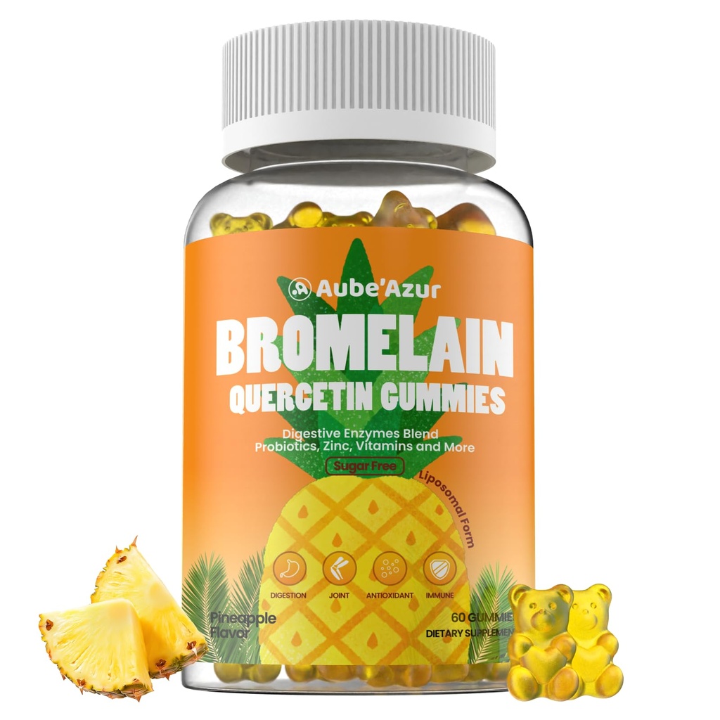 Lipozomální bromelain s Quercetin Gummies, 1000mg Bromelain dodatek pro ženy a muže, s probiotika, trávicí enzymy pro gut, stravovací a imunitní podpora, cukr zdarma, ananasový flavor, 60 Počet