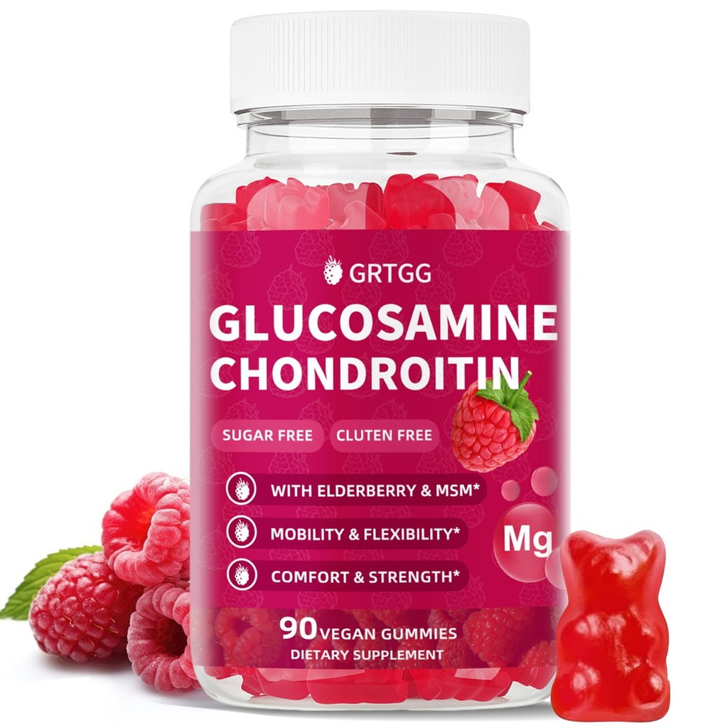 Glucosamine Chondroitin Gummies s MSM & Elderberry Extra Strength 3000MG - Společná podpora, Antioxidační Imunitní Supplement pro dospělé, muže a ženy - 90 Malinové gumy