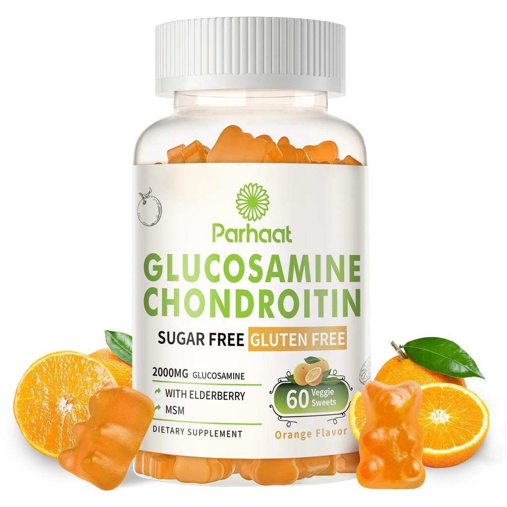 Glucosamine Chondroitin Gummies s MSM & Elderberry Extra Strength - Společná podpora, Antioxidační Imunitní Supplement pro dospělé, muže a ženy. Oranžová