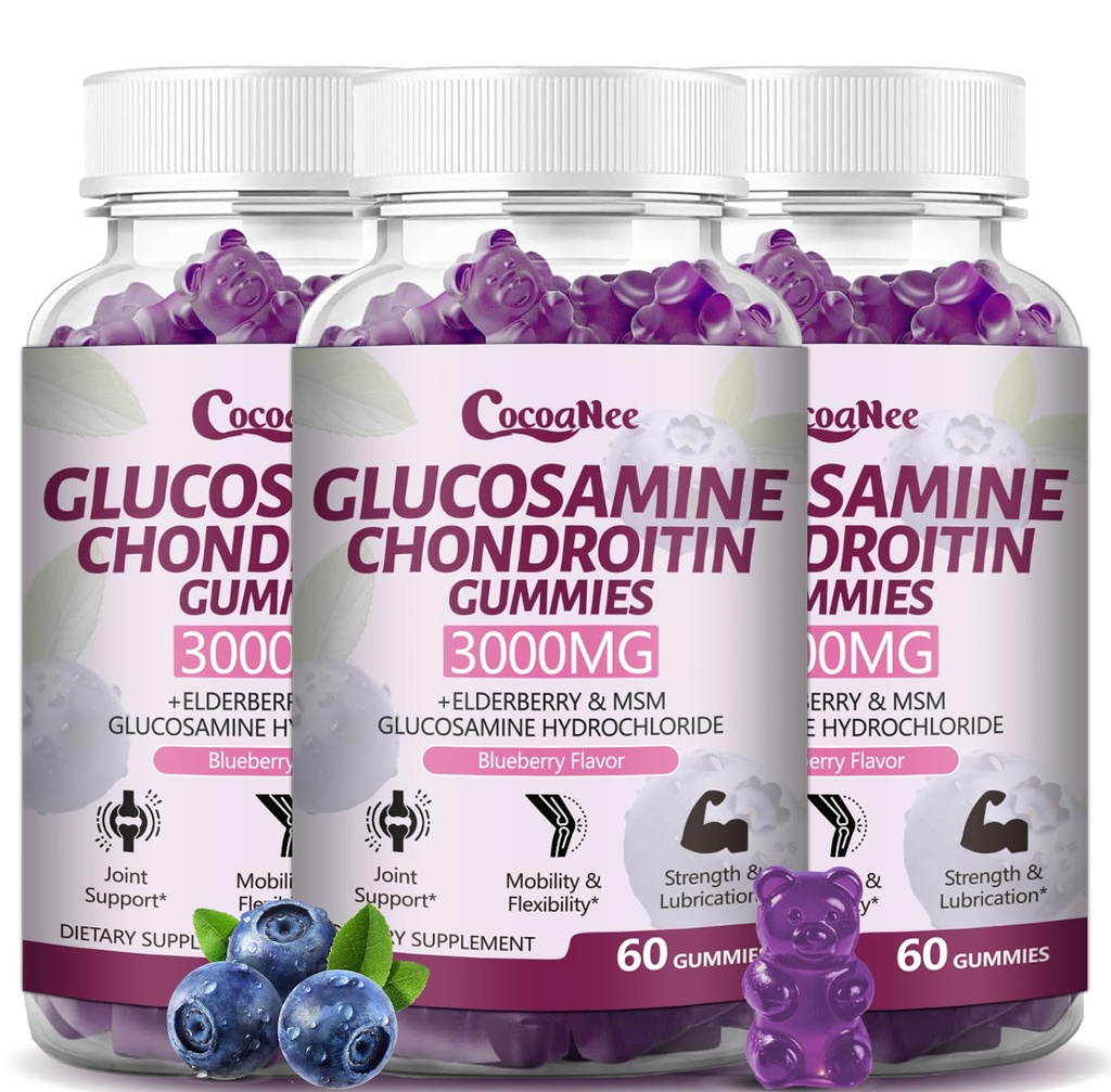 3 Balení 3000MG Glucosamine Chondroitin Gummies, Extra síla Společná podpora Dodatek s MSM & Elderberry, Flexibilita, Antioxidační imunitní podpora Gummy pro dospělé, Muži & Ženy 180Cts