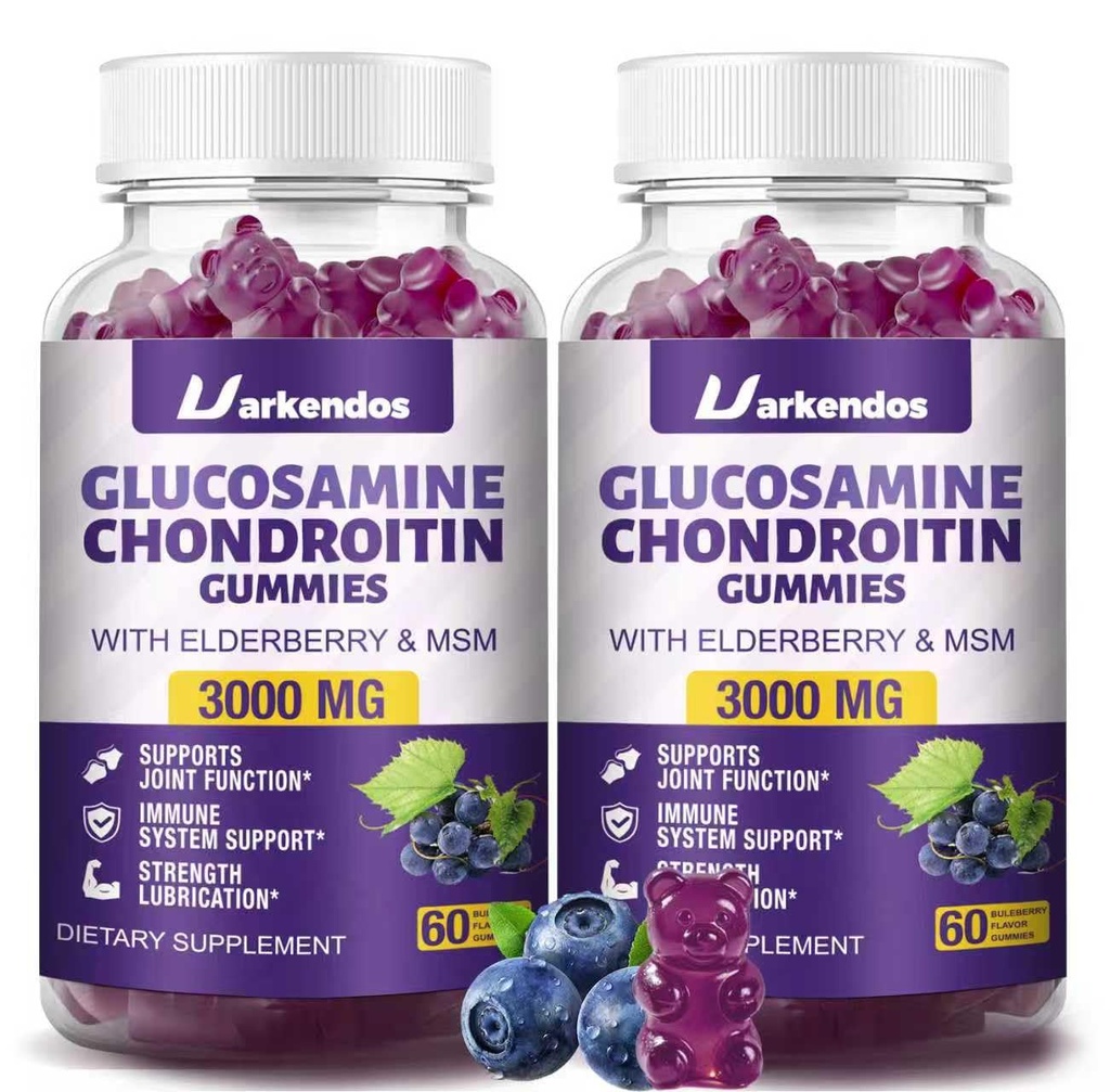 2 Balení 3000MG Glucosamine Chondroitin Gummies s MSM & Elderberry Extra Strength - Společná podpora, Antioxidační Imunitní Supplement pro dospělé, muže a ženy - 120 Blueberry Gummies