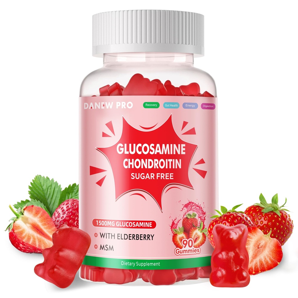 DANEW Pro Glucosamine Chondroitin Gummies s MSM & Elderberry Extra Strength - Společná podpora, Antioxidant Imunitní Supplement pro dospělé, Muži & Women.90 Jahodové gumy