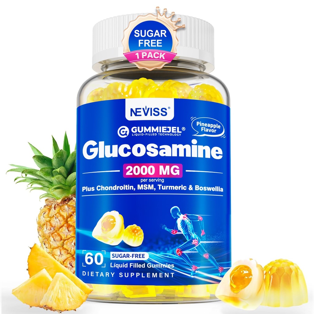 Sugar Free Glucosamine Chondroitin MSM Gummies - Max Strength Mobility Dodatek pro ženy a muže w / Glucosamine Sulfath 2000mg, Boswellia, Curcumin & Hyaluronic Acid - Podpora flexibility - 60Cts