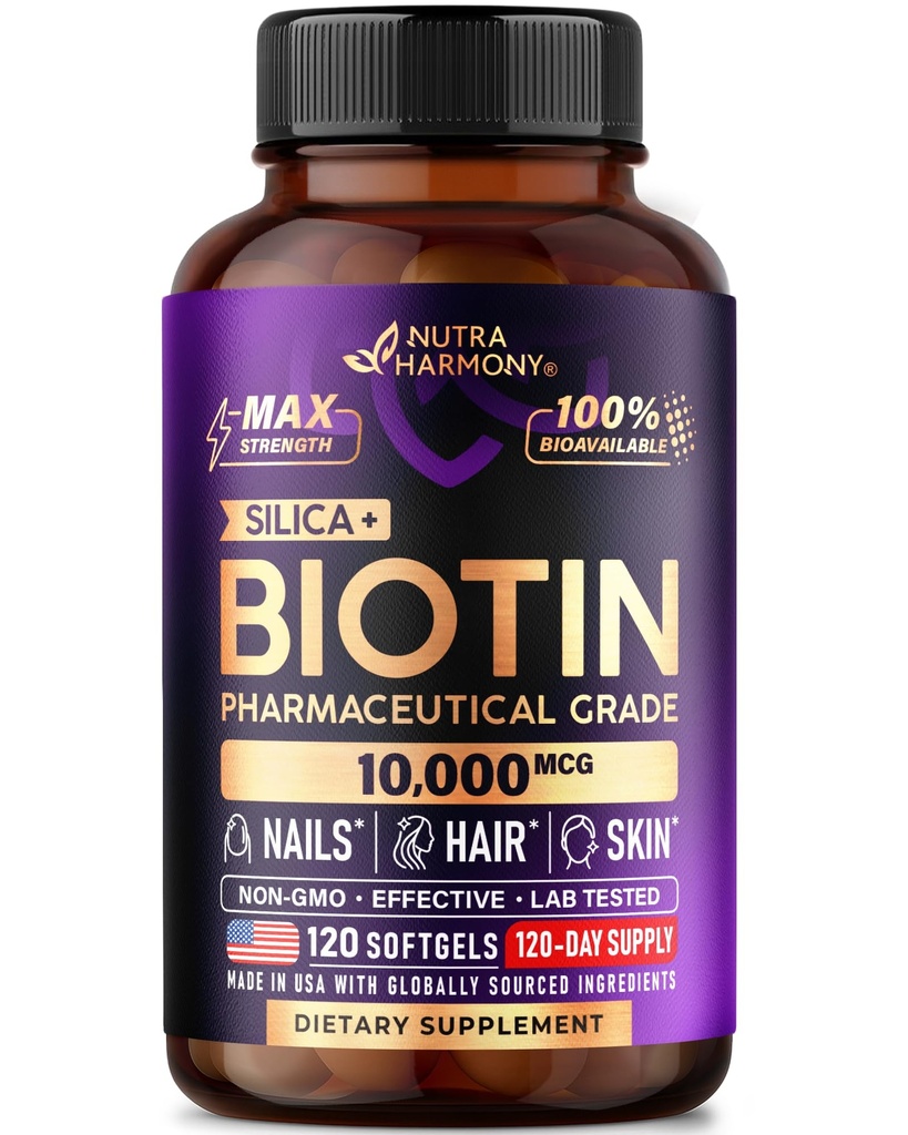 Biotin 10000mcg se silikonem - Doplněk pro biotin pro ženy - Podpora růstu vlasů, kůže a nehtů - Max Strength & 100% Biologická dostupnost - Made in USA - 120 Softgels, 120 Days Supply
