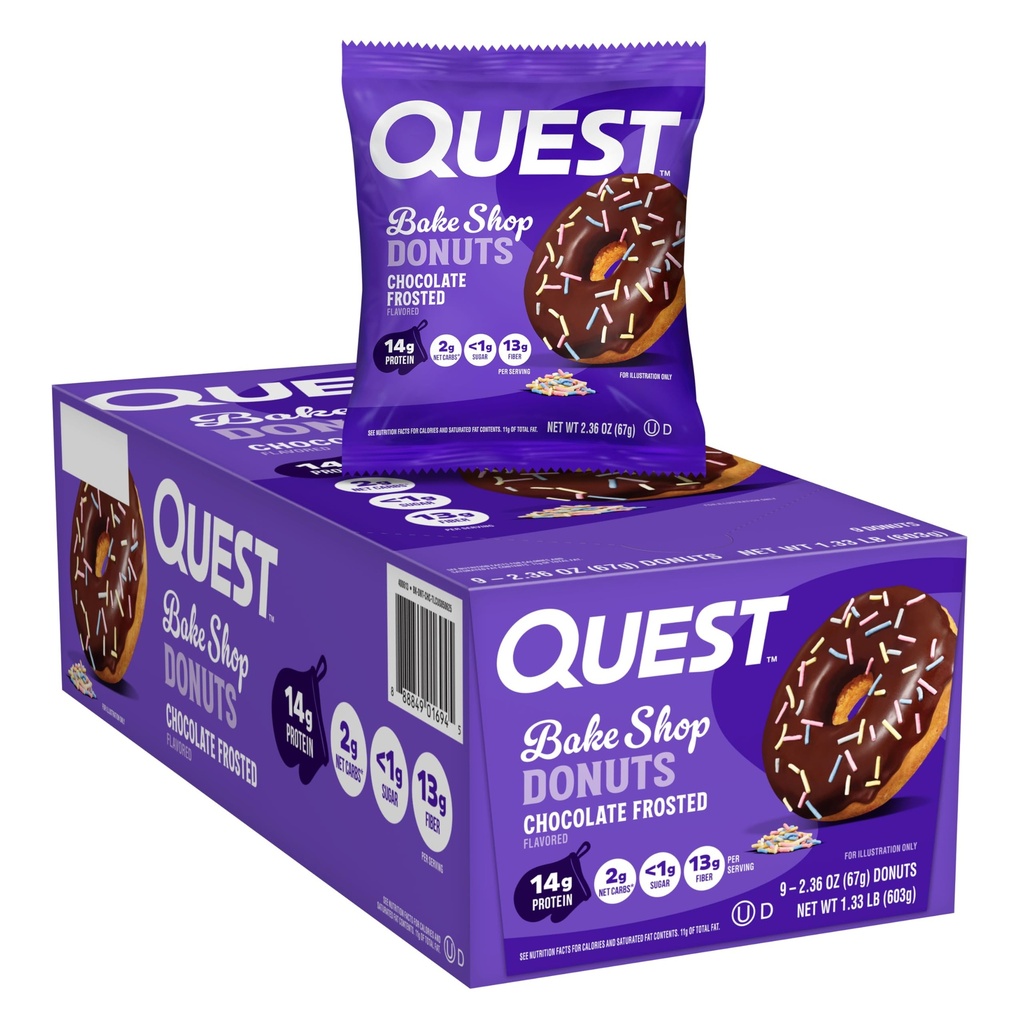 Quest Nutrition Bake Shop, Chocolate Frosted Donuts, 14g Protein, Méně než 1g cukru, Protein Snack, Nízký cukr, 9 Počet