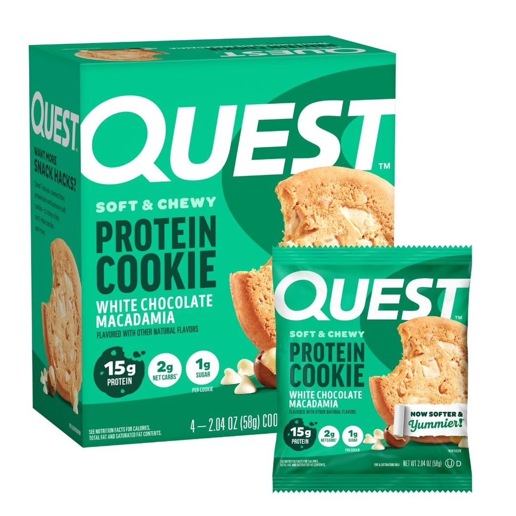 Quest Nutrition White Chocolate Macadamia Protein Cookie, 15g protein, 1g cukr, 2g čisté sacharidy, Keto Friendly, High Protein, Low Carb; 4 Počet