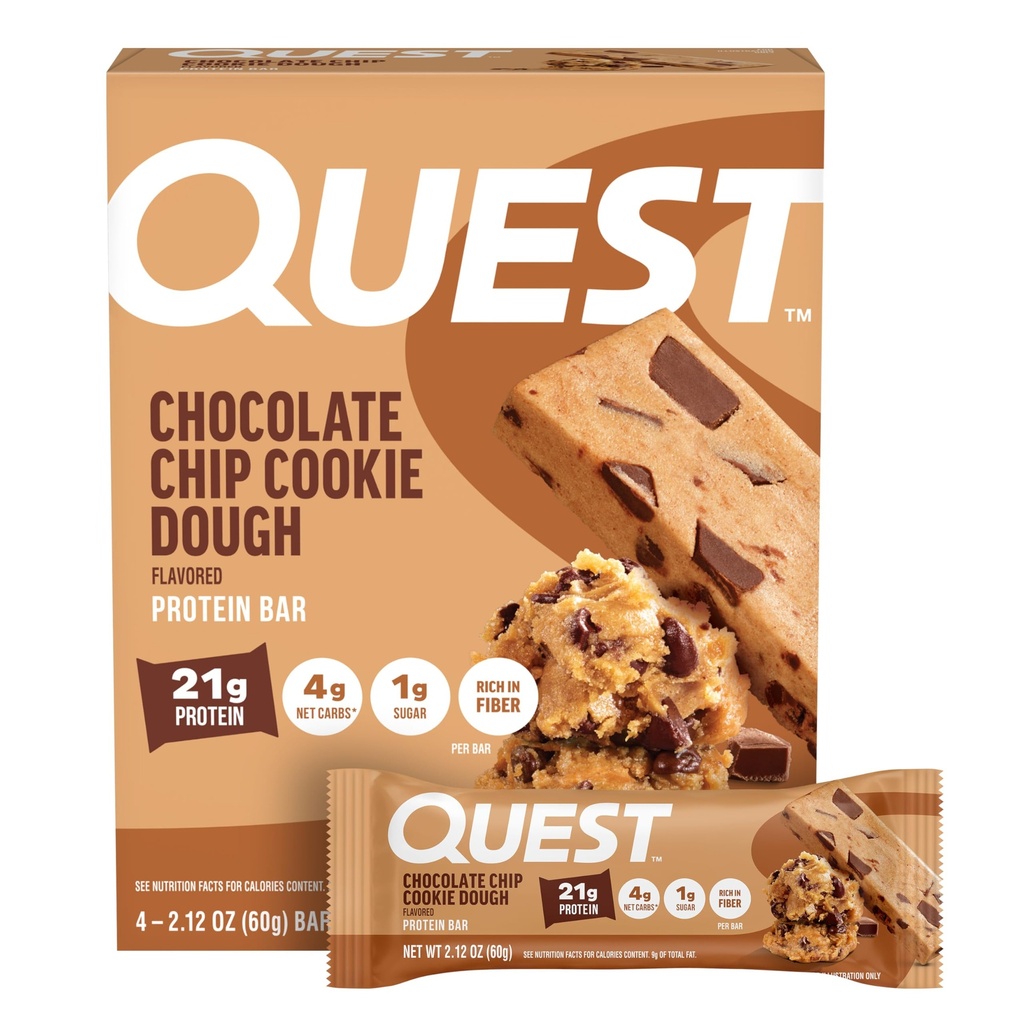 Quest Nutrition Chocolate Chip Cookie Dough Protein Bary, 21g Protein, 4, Net Carbs, 1g Sugar, High Fiber, Lepidlo zdarma, Keto Friendly, 4 Počet