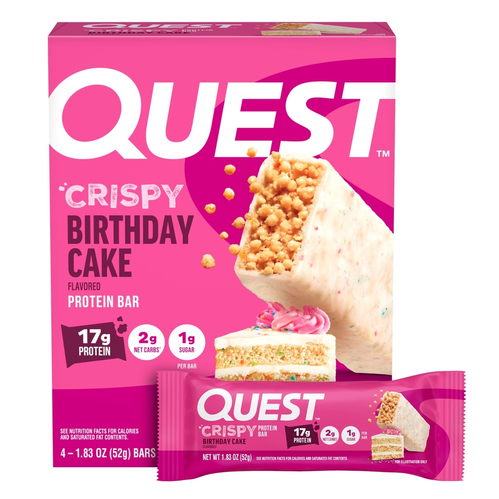 Quest Nutrition Crispy narozeniny dort protein bar, 17g protein, 1g cukr, 2g čisté sacharidy, gluten zdarma protein snack, Keto Friendly, 4 Počet
