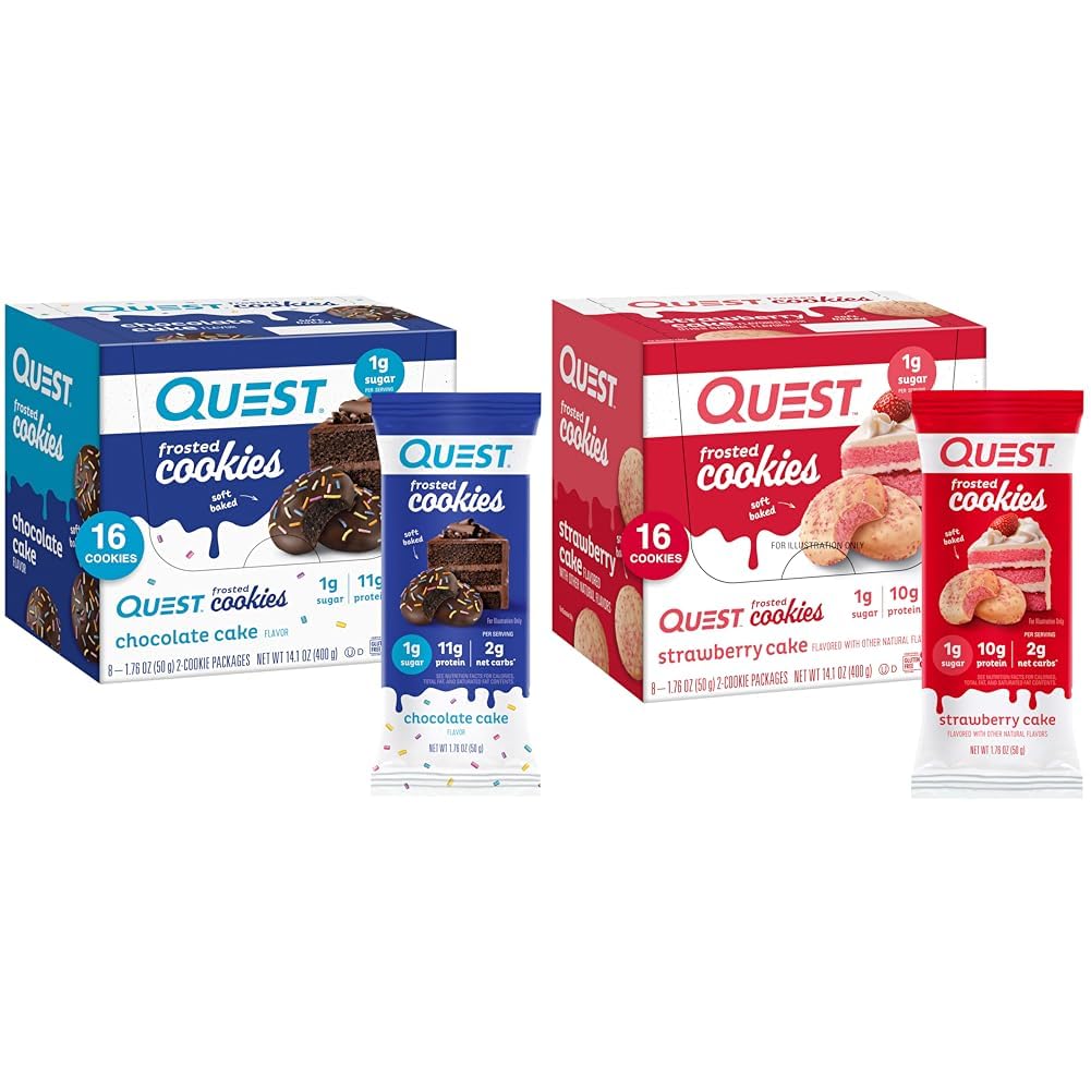 Quest Nutrition Masted Cookies Twin Pack Bundle, Čokoládový dort 1g Cukr 11g Protein 2g Net Carbs a Jahodový dort 1g Cukr 10g Protein 2g Net Carbs, Gluten zdarma, 16 Cookies Každý