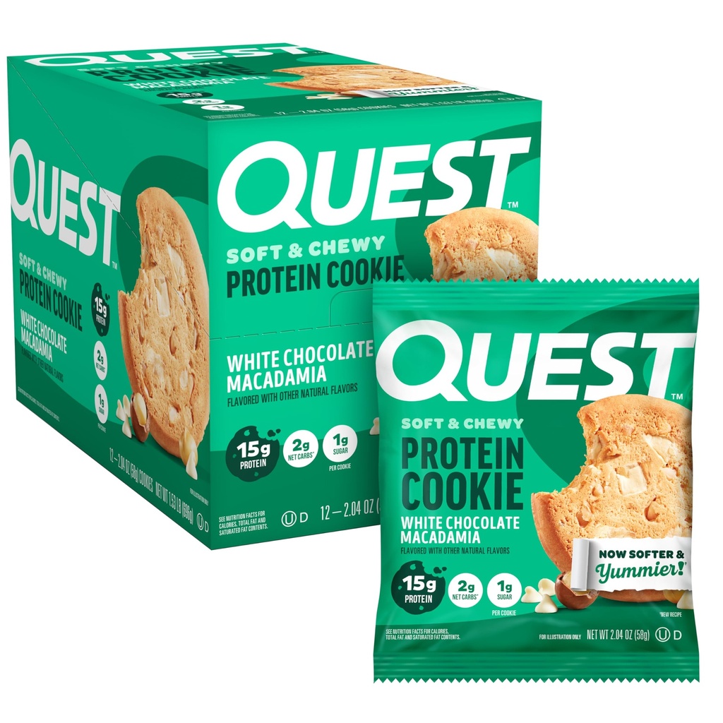 Quest Nutrition White Chocolate Macadamia Protein Cookie, 15g Protein, 1g cukr, 2g čisté sacharidy, Keto Friendly, High Protein, Low Carb; 12 Počet