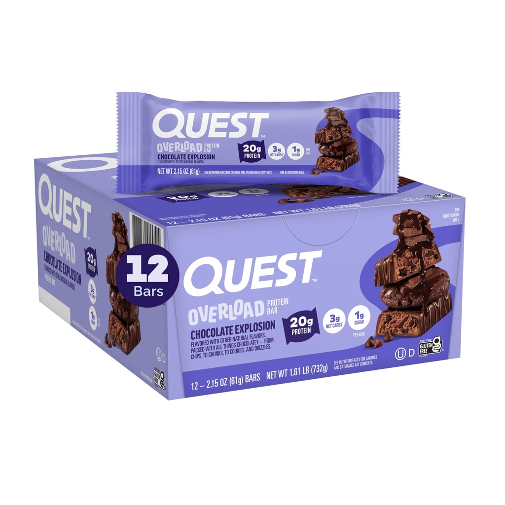 Quest Nutrition Overload Protein Bars, Chocolate Explosion, 20g Protein, 1g Cukr, 3g čisté sacharidy, gluten zdarma, 12 Počet