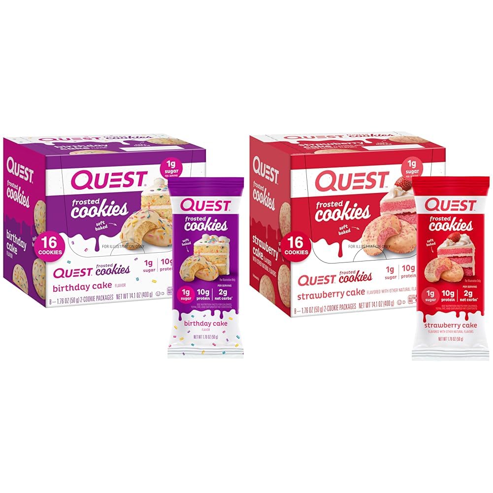 Quest Masivní Cookies Twin Pack s narozeninovým dortem 1g Cukr 10g Protein 2g Net Carbs gluten Free 8 Hrabě a Jahodový dort 1g Cukr 10g Protein 2g Net Carbs gluten Free 16 Cookies