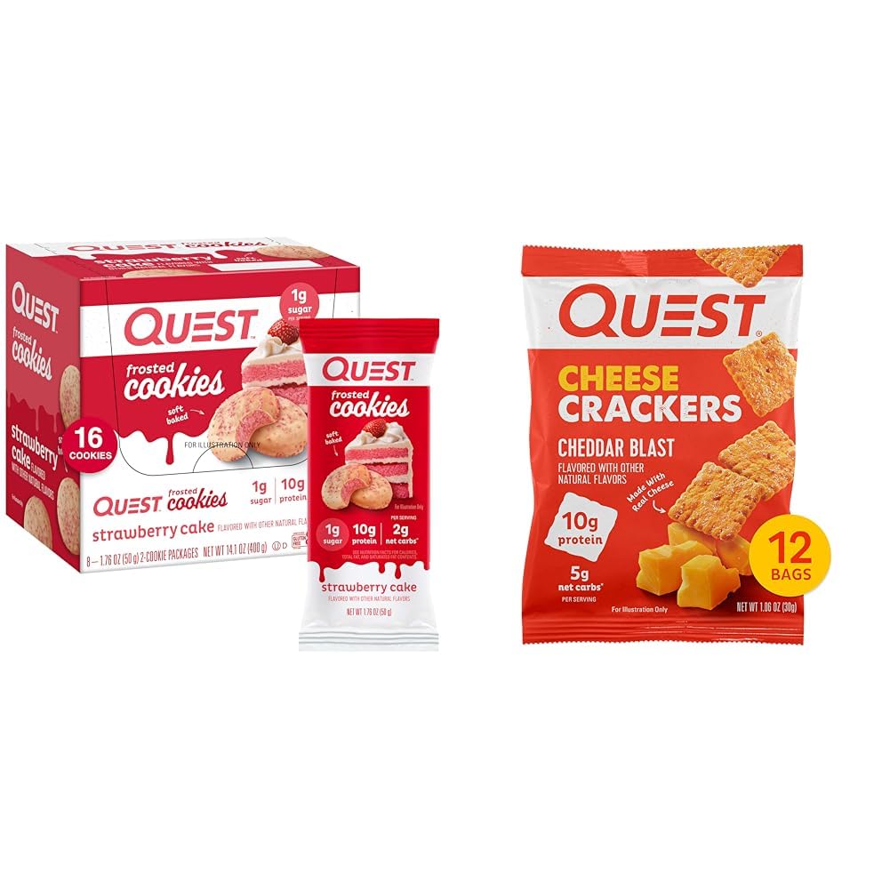 Quest Nutrition Masted Cookies Twin Pack, Jahodový dort, 1g Cukr, 10g Protein, 2g Net Carbs & Chear Crackers, Cheddar Blast, High Protein, Nízký karb, Made with Real Cheese, 12 Ct