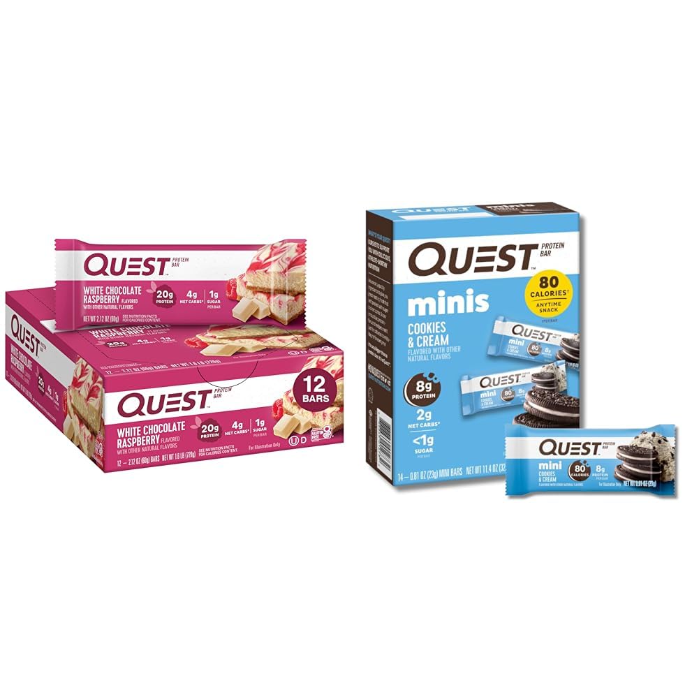 Quest Protein Bary Bundle - Bílá čokoláda Malina 12 Počet & Cookies 'N Cream Mini 14 Počet