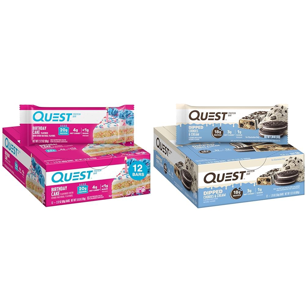 Quest Birthday Cake & Cookies & Cream Dipped Protein Bars, High Protein, Gluten Free, Keto Friendly, 12 Počet každý