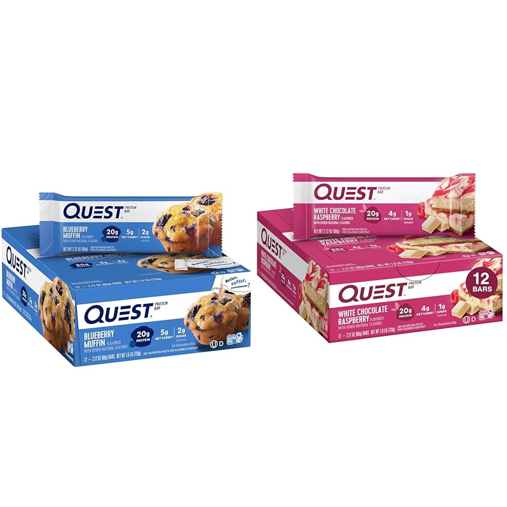 Quest Borůvkový muffin (12 hrabě) a bílá čokoláda Malina (12 hrabě) Protein Bary Bundle, High Protein, gluten zdarma
