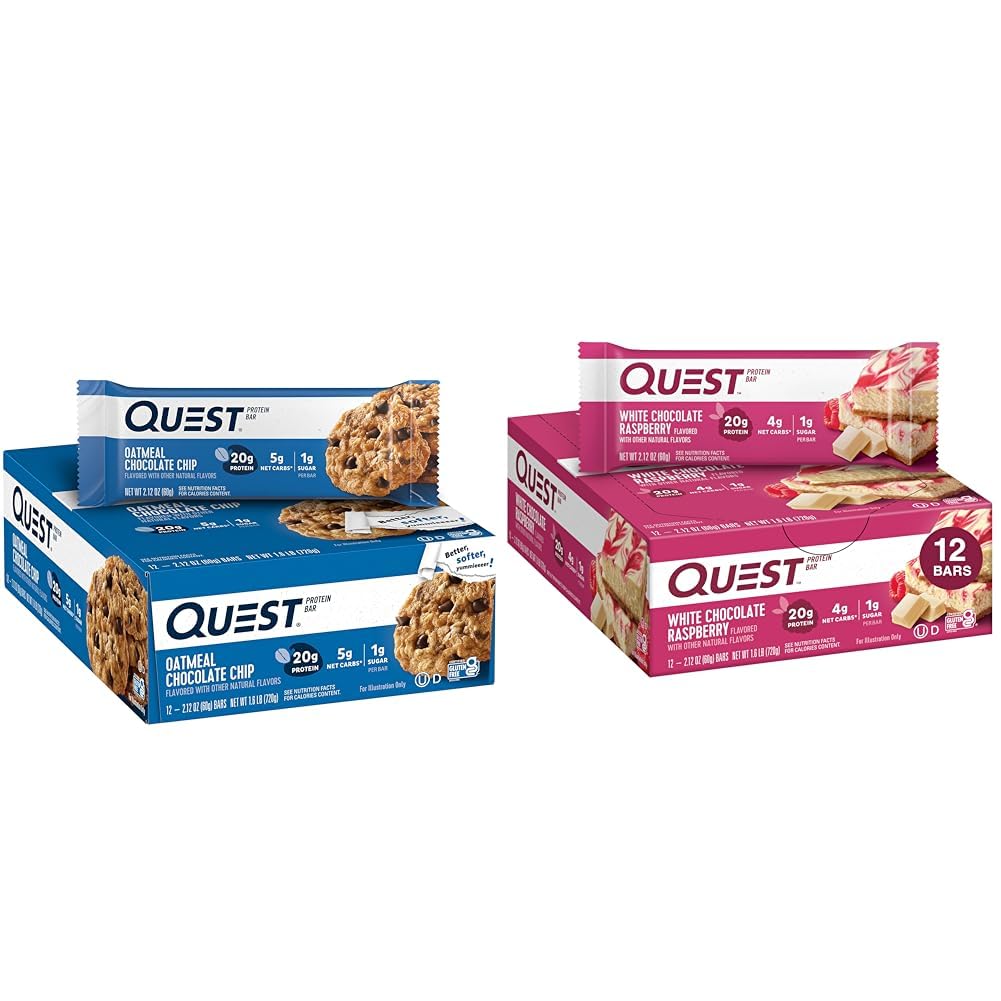 Quest Nutrition Oatmead Chocolate Chip Protein Bar, High Protein, Low Carb, gluten Free & White Chocolate Malina Protein Bary, High Protein, Low Carb, gluten Free