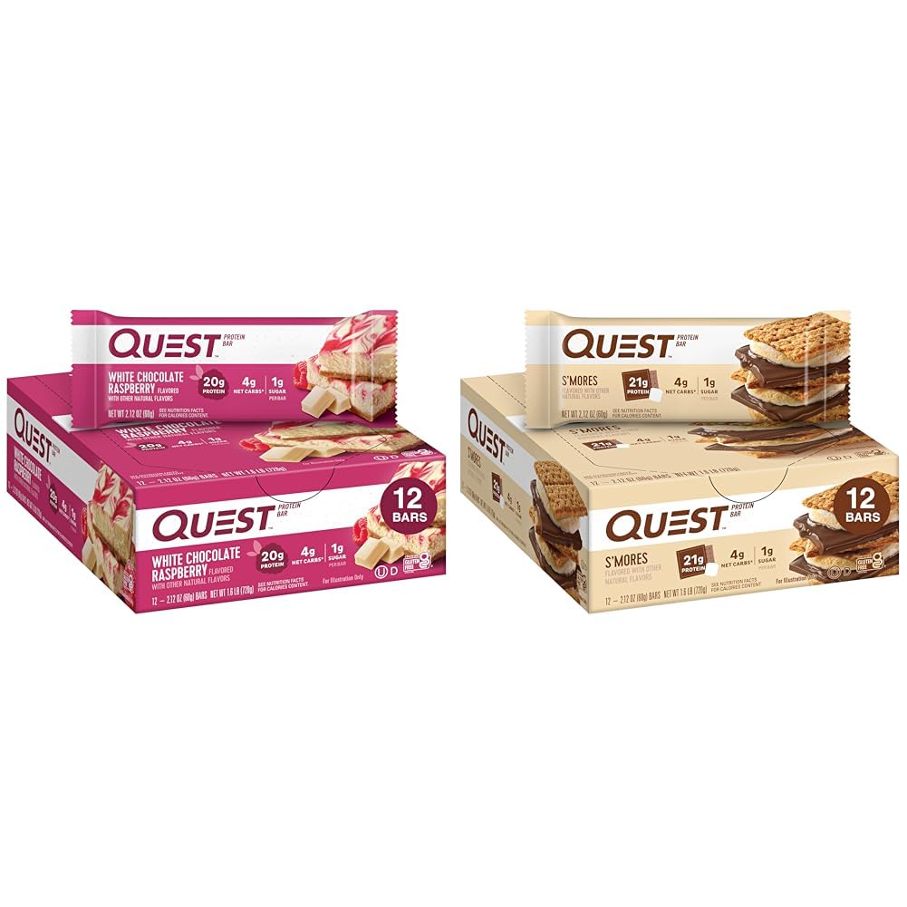 Quest Nutrition White Chocolate Raspberry Protein Bary, High Protein, Low Carb, gluten Free, Keto Friendly, 12 Count & S 'mores Protein Bar, High Protein, Low Carb, gluten Free, Keto Friendly, 12 Count