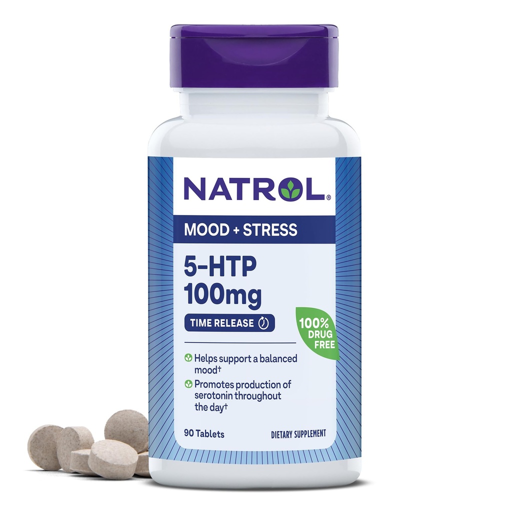 Natrol 5-HTP 100mg, Dietní dodatek Pomáhá podporovat vyvážený nádech, nálady a stres Support Dodatek, 90 Time Release Tablety, 45-90 Den Dodávka
