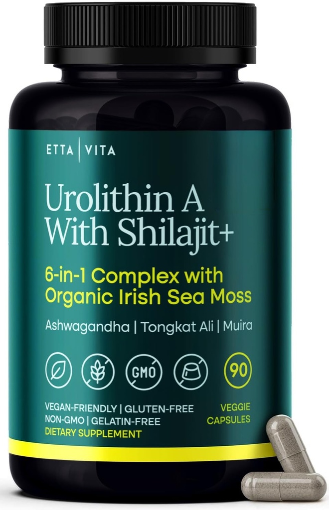 Urolithin- Complex w Shilajit, Organic Sea Moss, Ashwagandha & Tongkat Ali, Natural Energy, Libido, Hormon Balance, a Focus for Men & Women (Made in USA - 3rd Party Tested)