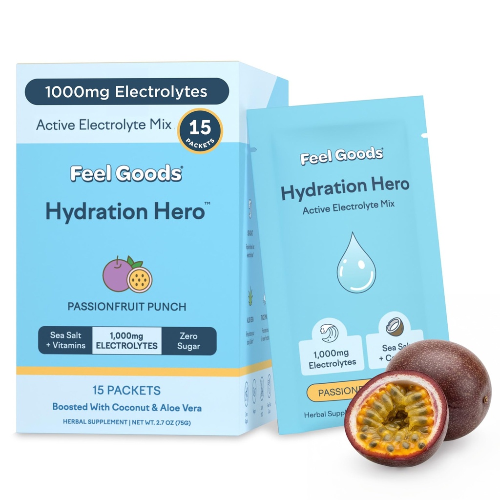 Feel Goods Hydration Hero, 1.000mg Electrolytes Powder, Sugar Free, Magnesium, Organic Aloe Vera, L Theanine, Vitamin C & B12, Keto, Vegan, Electrolyte Packets, Passion Fruit Punch, 15 Count