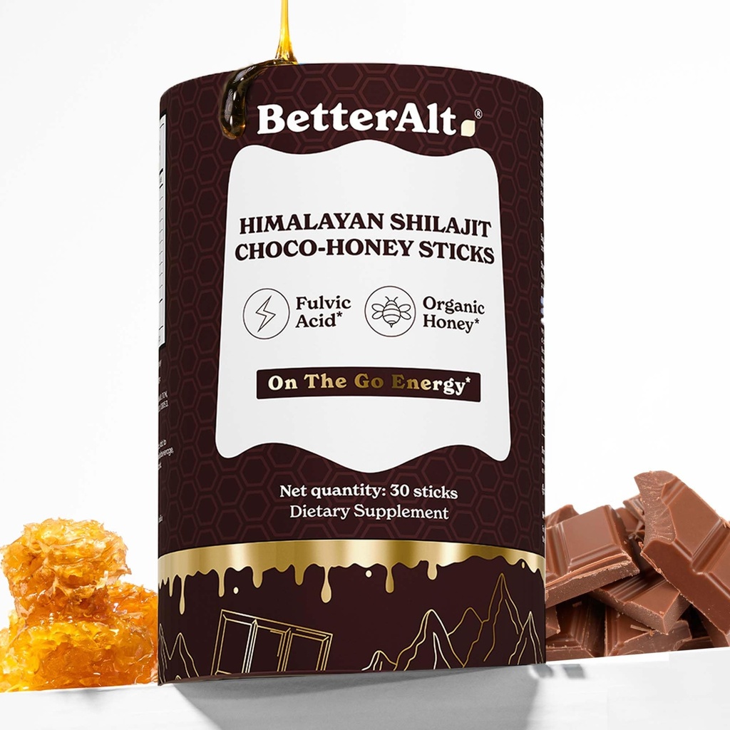 Lepší Alt Chocolate Shilajit Honey Sticks 75% Fulvic Acid & 85 + Stopy Minerály Chocolate- Infused Raw Honey Himalayan Shilajit Energy Booster 30 Sticks Natural Stamina & Endurance Support