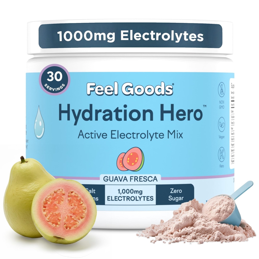 Feel Goods Hydration Hero, 1.000mg Electrolytes Powder, Sugar Free, Magnesium, Organic Aloe Vera, Organic Aloe, L Theanine, Vitamin C & B12, Non GMO, Keto, Vegan FRESCA 124; Guava Fresca, 30 Služeb