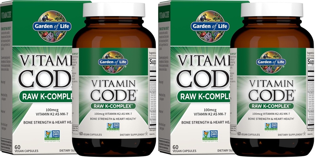 Zahrada života Vitamin K2 a K1, Vitamin kód Vegan K Complex pro sílu kostí a zdraví srdce, Omega bohatý Flax Seed Oil, Trace Minerály, Probiotika, 60 Day Supply, (Balení 2)