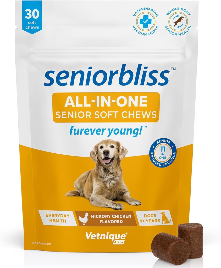Vetnique Seniorblass Senior Dog Multivitamin s Glucosamine, Omega 3 Fish Oil, a Probiotika - pro psí spony, stravovací a imunitní podpora pro optimální zdraví (All- in- One Daily Vitamin, 30 Ct)