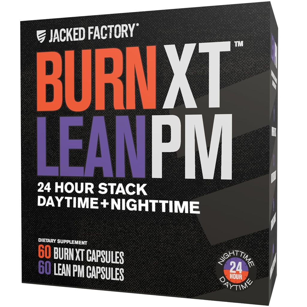 Jacked Factory Burn-XT + Lean- PM Kit - 24hodinová sada na podporu složení a metabolismu - Denní a noční formule - 60 Počet, 2 balení