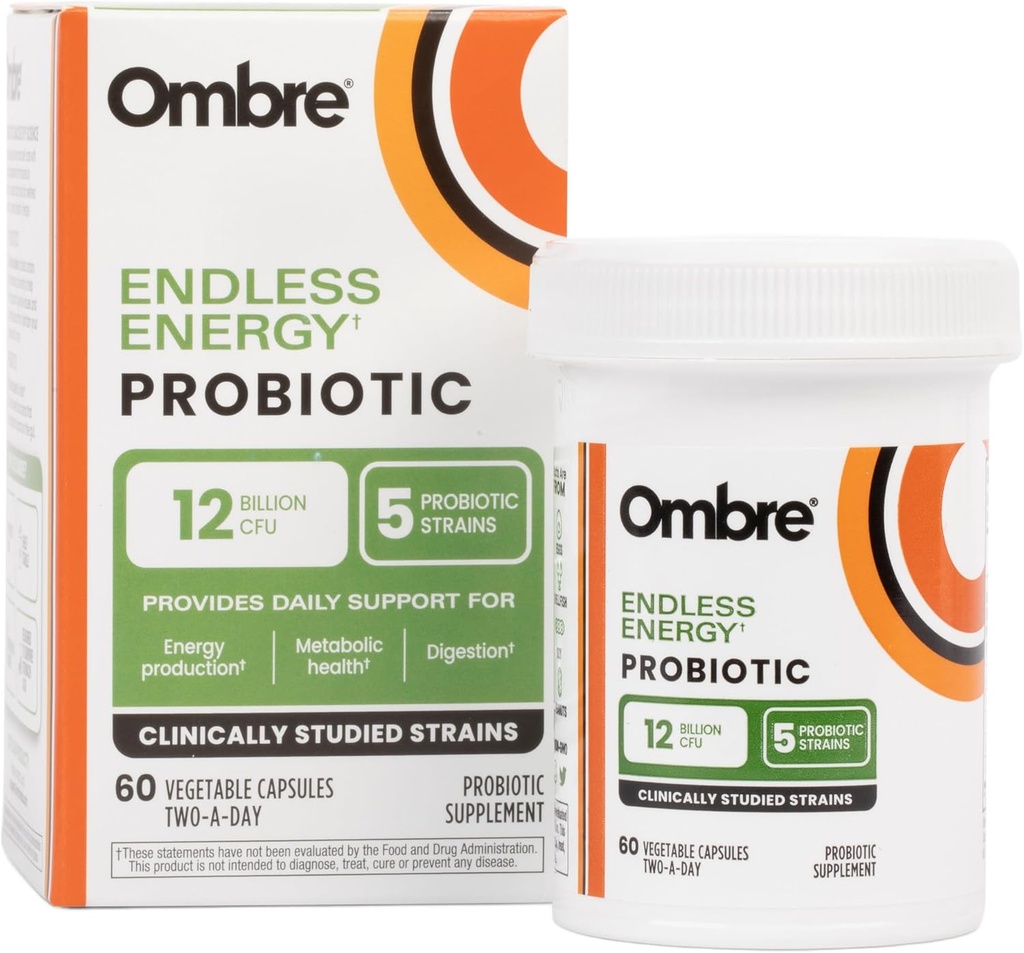 Ombre Endless Energy Probiotic Supplement, Podporuje výrobu přírodní energie, Paměť, Focus & Gut Health, 12 Billion CFU, Shelf-Stable, 30 Služeb