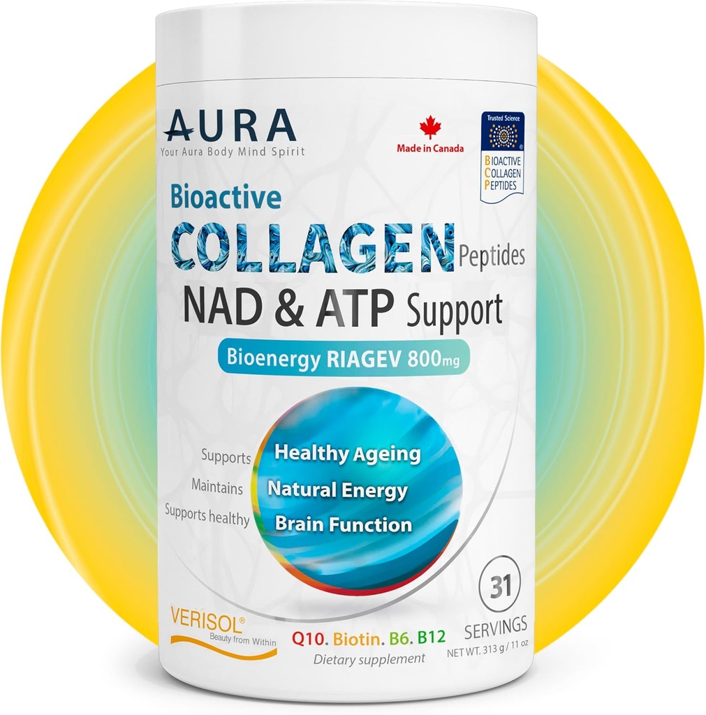 AURA VERISOL ® Bioactive Collagen Peptides ® Powder with Patented NAD + & ATP Boosters, Advanced Cellular Omlazovací systém, Zdravé stárnutí a opravy DNA, Neochucené, Made in Canada, 31 Služeb.