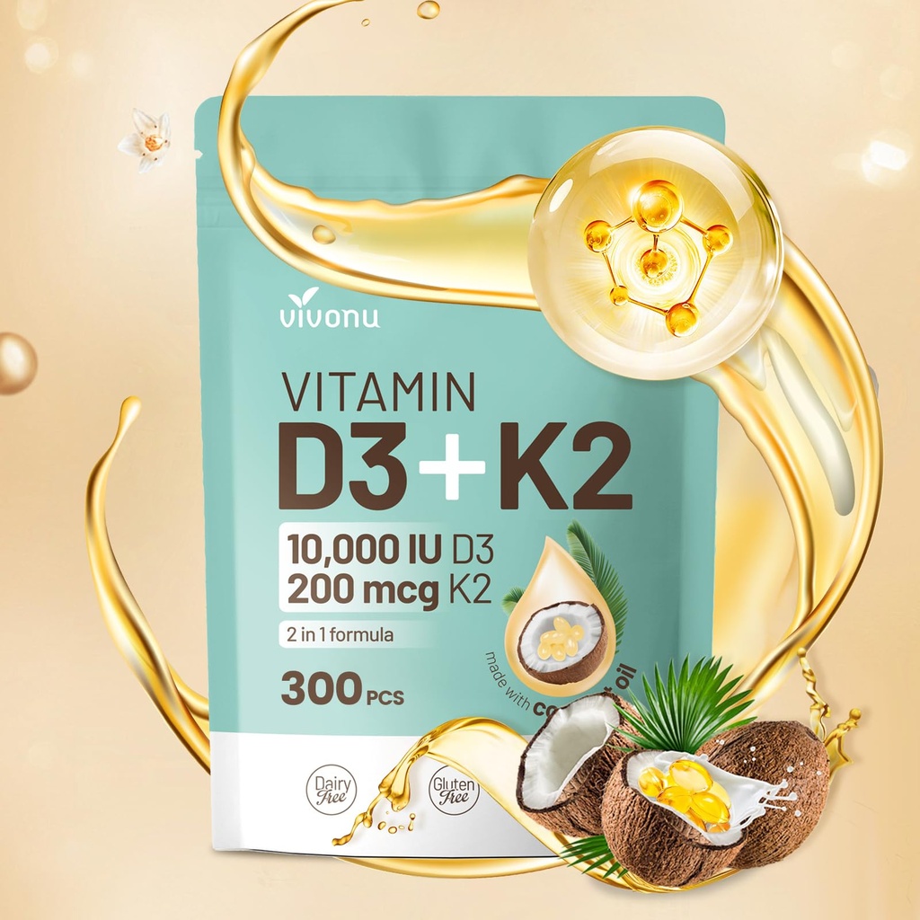 VivoNu Vitamin D3 K2 10000 IU s MK7- 300 Virgin Coconut Oil Softgels, 2 v 1 Vitamíny D & K Complex CLAS124; Vitamina D3 con K2 ((1Bag)