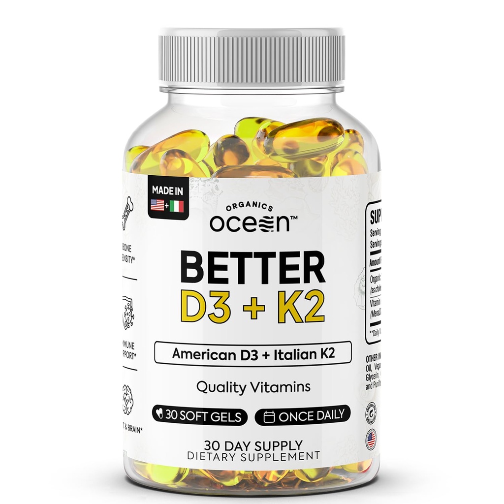 Organics Ocean Better D3 + K2-100% organické VIT D3 a K2 Doplňky s maximální biologickou dostupností - Podporuje hustotu kostí, rovnováhu vápníku, imunitu a mood - 1- Pack, 30- denní zásobování