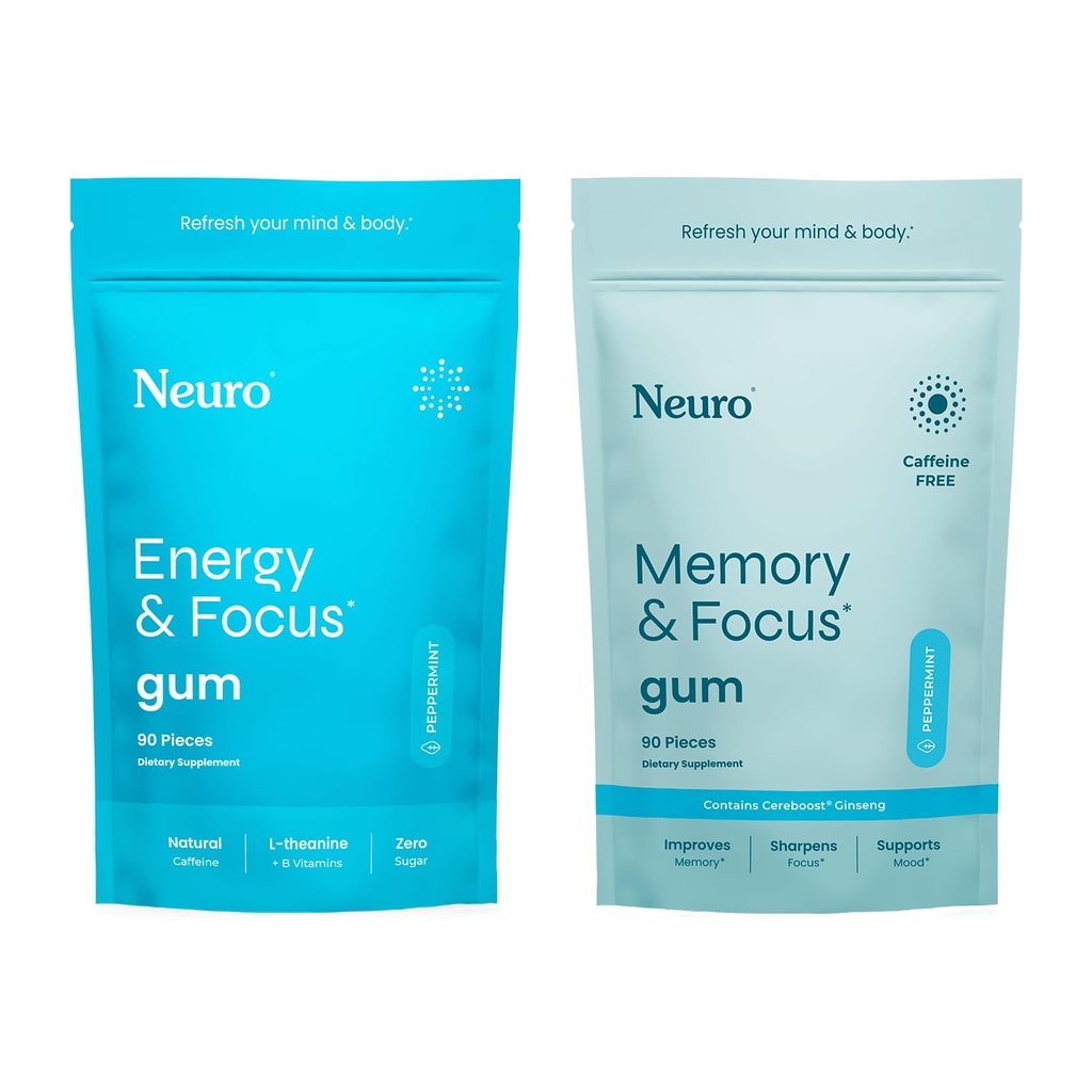 Neuro Focus Set - 90 Počet každý (máta peprná) - Cukr zdarma nootropní žvýkací žvýkačky s přírodním kofeinem, L-Theanine, B-Vitamins & ženšen pro energii, Alerness & Clarity