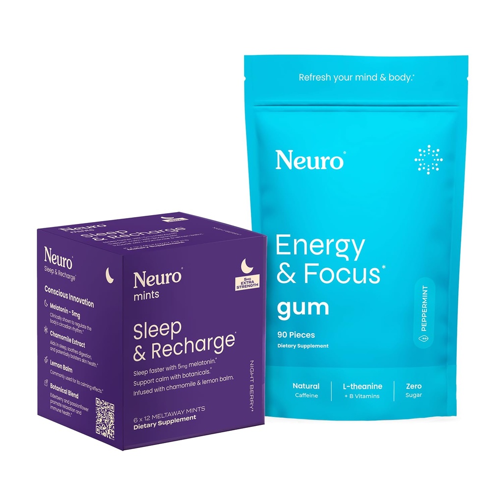 Neuro Energy & Sleep Bundle - Energy & Focus Gum (Peppermint, 90 Count) + Melatonin 5mg Sleep & Recharge Mints (Night Berry, 72 Kusy) - Daytime Focus & Nighttime Rest Support