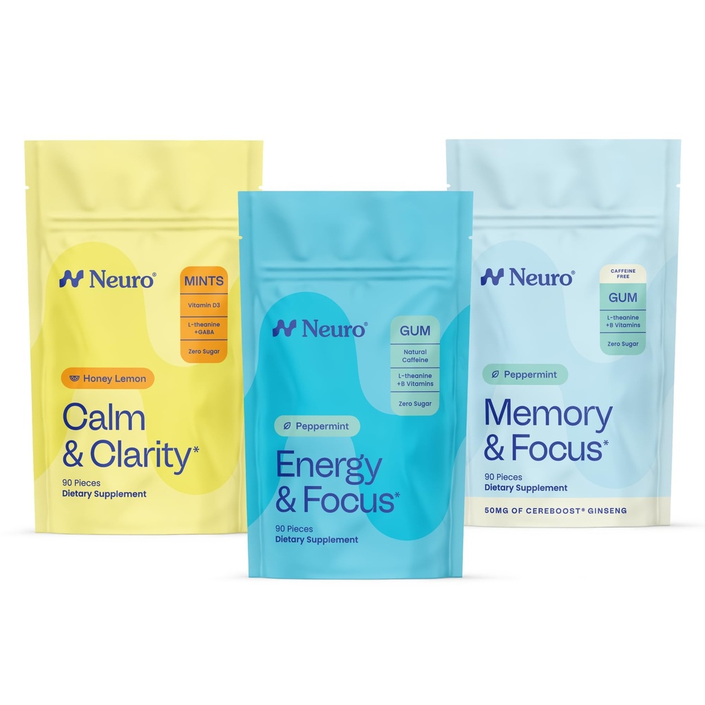 Neuro Cognitive Balance Bundle - Paměť & Focus Nootropní Gum (Peppermint, 90 Count), Sleep & Recharge Melatonin Mints (Berry, 72 Count), Klid & Clarity Stress Support Mints (Med Lemon, 90 Count)
