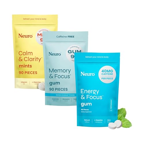 Neuro Focus & Calm Cognitive Bundle - Energy & Focus Nootroppic Gum (90), Calm & Clarity Stress Support Mints (90) & Memory & Focus Nootroppic Gum (90)