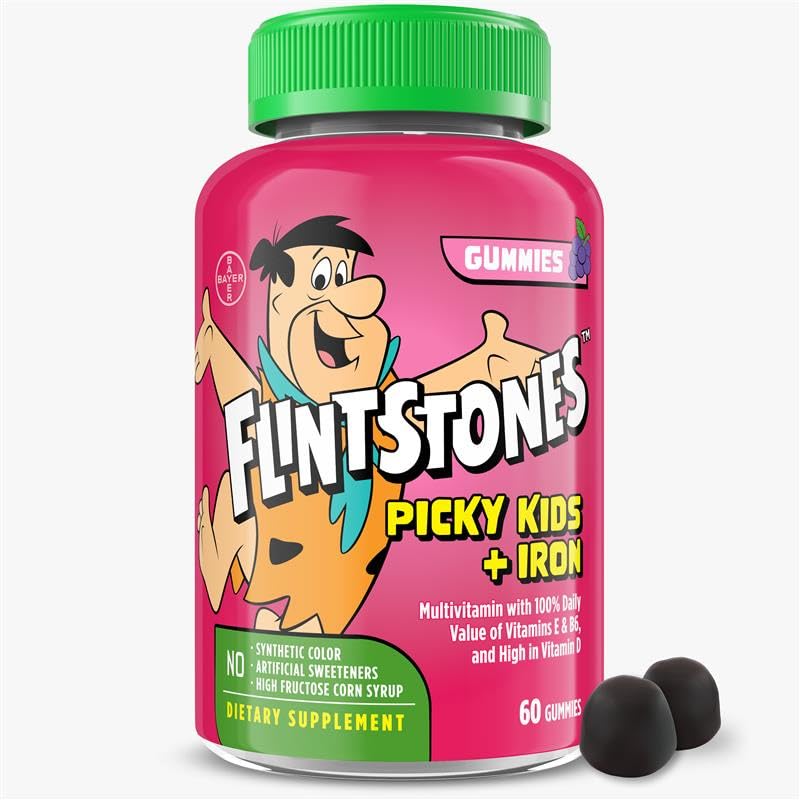Flintstones Vitamíny pro Picky Kids + Železo, Děti Multivitaminové gumové s vitamínem C, D, E, B6 a železo, Gummy Vitamíny, Grape Ochucené, 60 Gumy