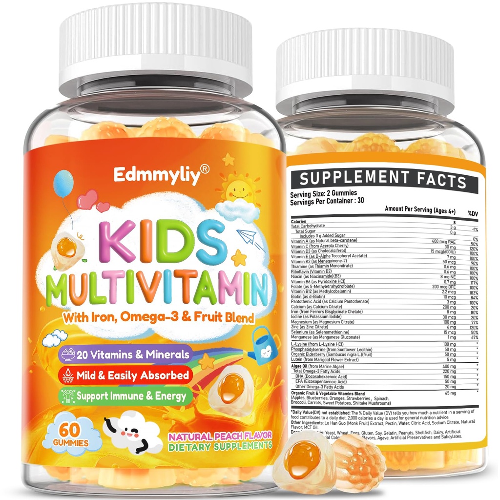 Děti Multivitaminové žvýkačky - Vitamíny A D3 K2, Metylovaný B- komplex s Omega-3, Železo pro imunitní a vývojovou podporu - Organická směs - Berry Flavor Multivitamins pro děti Daily - Cukr zdarma & Vegan
