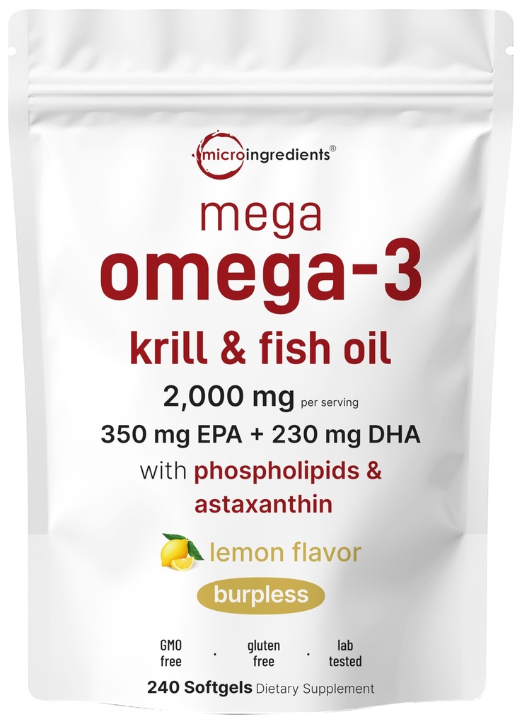 Mega Omega33 Krill & Fish Oil 2,000mg Ekvivalentní, 240 Softgels CARL 124; Lemon ochucený CARL 124; Burless CARL 124; Essential Fatty Acids & Astaxanthin CARL 124; EPA 350mg + DHA 230mg CARL 124; Heart & Brain Supplement