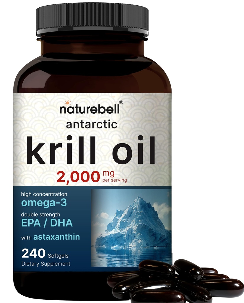 NatureBell Antarktida Krill Oil 2000mg Dodatek, 240 Softgels, 3X Síla Přírodní zdroj Omega-3s, EPA 240mg + DHA 160mg + Astaxanthin 800mcg - No Fishy Aftertact - Mercury Free & Non- GMO