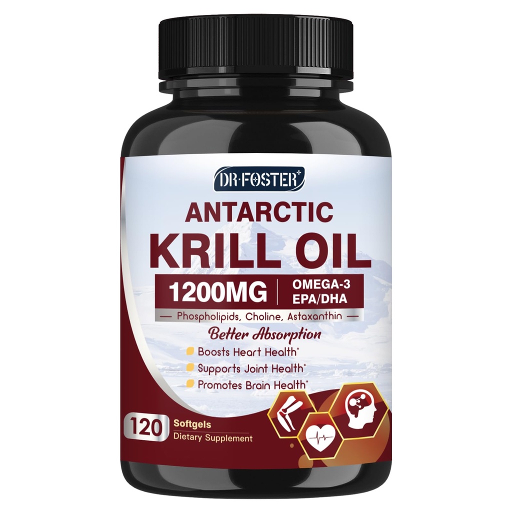 Krill Oil 1200mg, Antarktida Krill Oil Omega 3 Dodatek s EPA, DHA Astaxanthin & Fosfolipidy pro srdce a mozek a společné zdraví, No Fishy After taste, 120 Softgels (60 Služeb)
