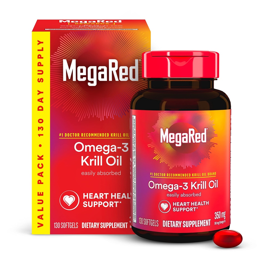 MegaRed - Omega-3 Krill Oil 350mg Softgels (130 Počet v láhvi), EPA & DHA Omega-3 mastné kyseliny s žádnou rybí pachuť na rozdíl od rybího oleje, Obsahuje antioxidant Astaxanthin