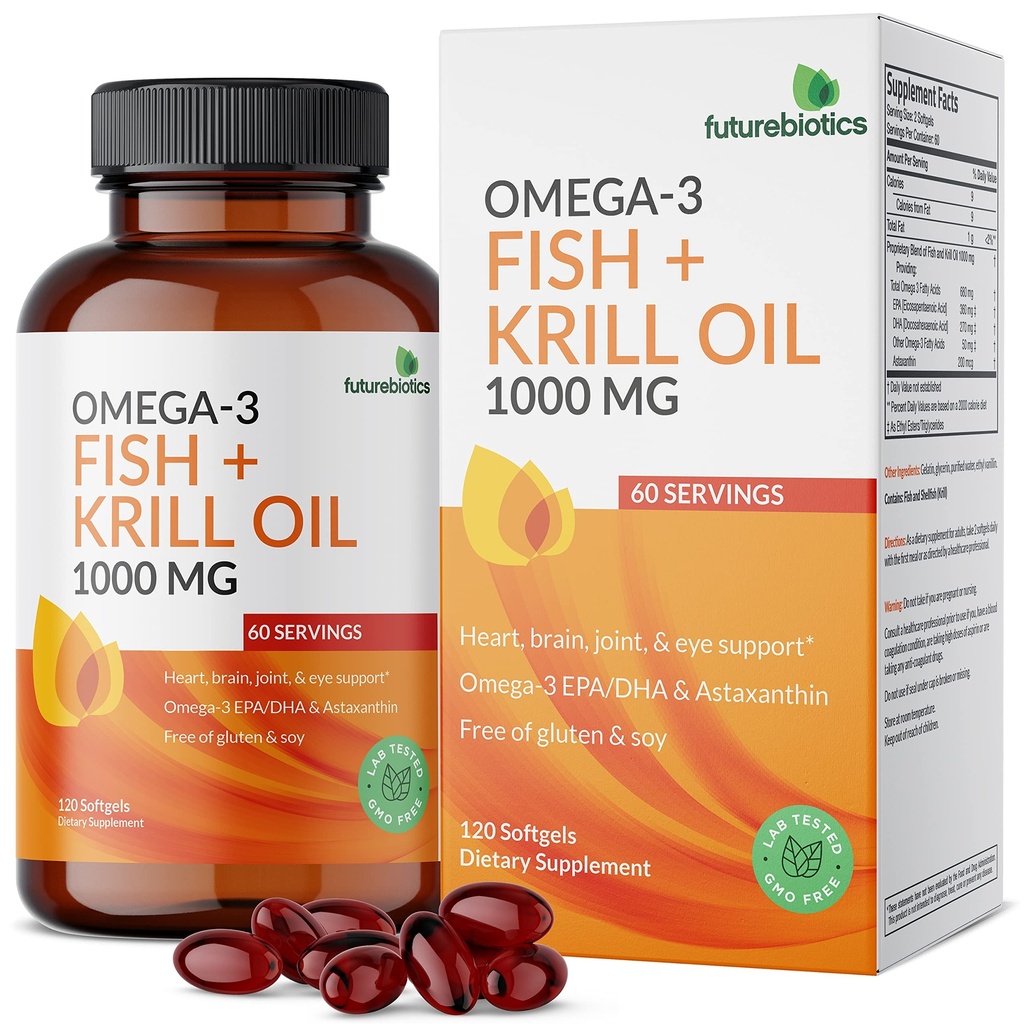 Futurebiotics Omega33 Fish + Krill Oil 1000 MG Omega33 EPA / DHA & Astaxanthin - Non- GMO, 120 Softgels (60 Servings)