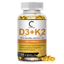 Vitamin D3 K2 dodatek s vitaminem D3 5000 IU, 200 mcg Vitamin K2 MK-7 & Přírodní kokosový olej, Plant Based 2-1 Formule pro kosti, zuby, svalovou a imunitní podporu zdraví, 120 Softgel Kapsle