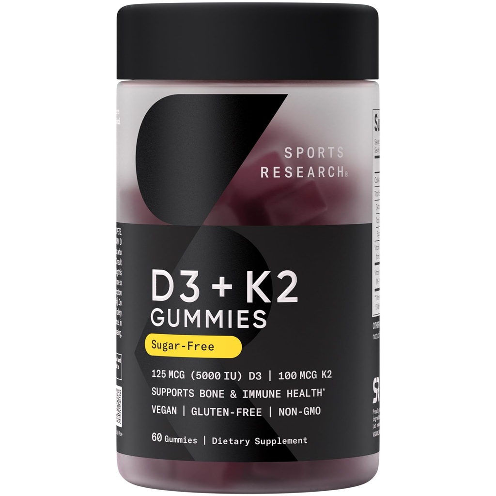 Sports Research ® Vegan Vitamin D3 + K2 Sugar- Free Gummies - 125mcg (5000iu) Vitamin D w / 100mcg Mk7 Vitamin K - Podporuje kostní a imunitní zdraví * - Vegan Certified · Non- GMO · Soy Free - 60 Počet